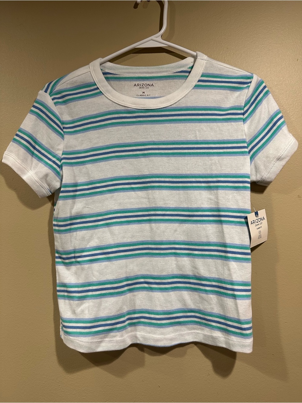 Arizona Jean Company White Tee with Blue & Teal Stripes